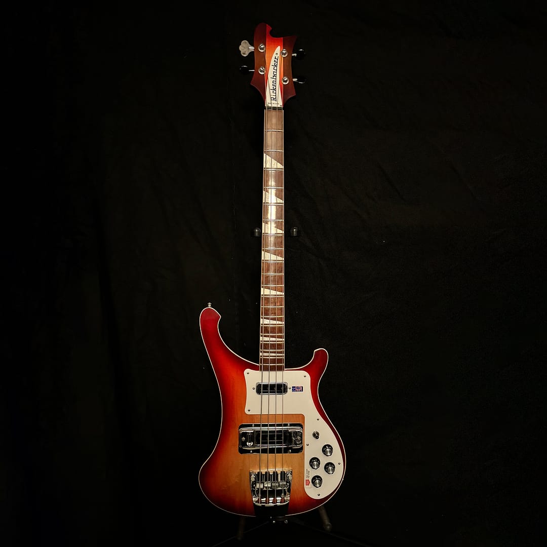 Rickenbacker 4003 in Fireglo finish, iconic USA-made neck-through bass with sharkfin inlays