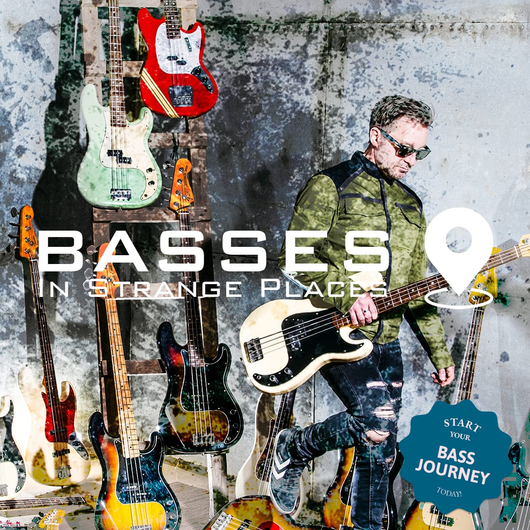 Collection of rare bass guitars in an atmospheric old orchard basement storage
